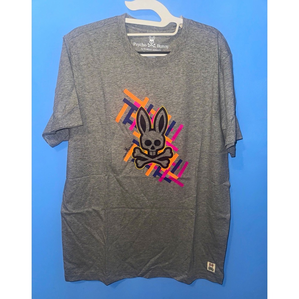 Psycho Bunny Men's Gray Graphic Logo Pima Cotton Crew Neck Tee Size M B6U787M1PC